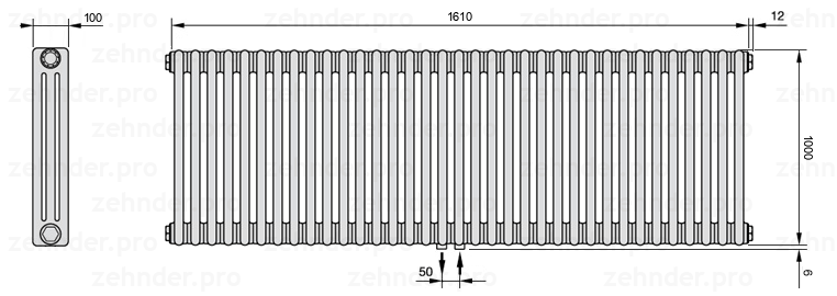 Схема (чертеж) Радиатор Zehnder Charleston 3100/35 №5410 Белый глянцевый RAL 9016